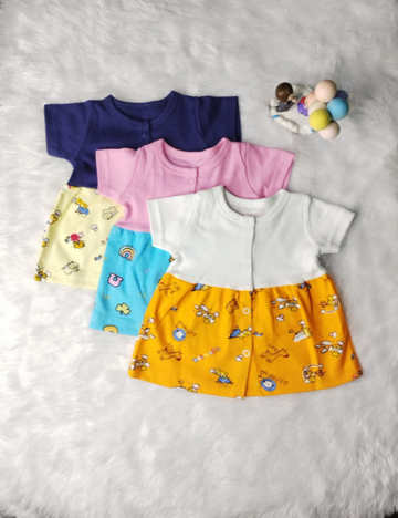 Cute Half Sleeve Baby Frocks – 3 in 1 Combo | Soft Cotton & Baby-Safe Dyes - 3 -6 Months