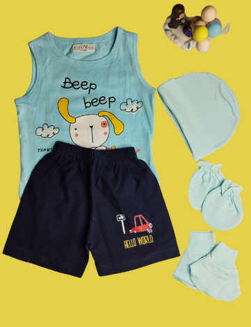 Baby Tshirt & Shorts Set with Cap, Mittens & Booties (0–3 Months) – Soft Cotton Comfort Combo