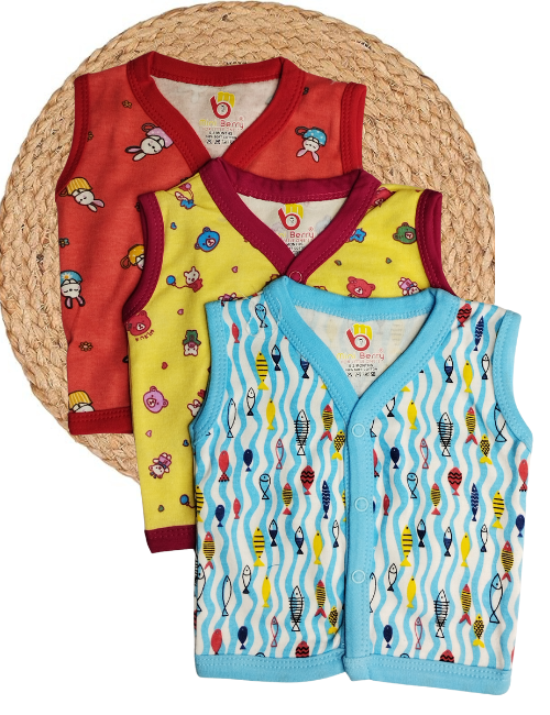 Baby Sleeveless Cotton Vest – 3 in 1 Combo Pack (Multicolor, Printed)