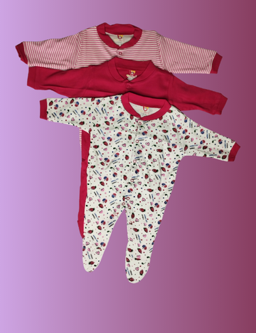 3-in-1 Full Sleeve Rompers Combo (3–6 Months) – Soft Cotton Footed Sleepsuits