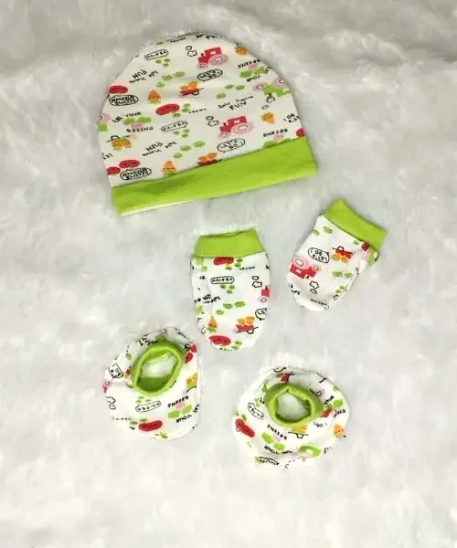 Green Cotton Baby Cap, Mittens & Booties Set - 0–6 Months