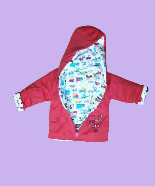 Red Reversible Hooded Baby Jacket Cozy & Playful print