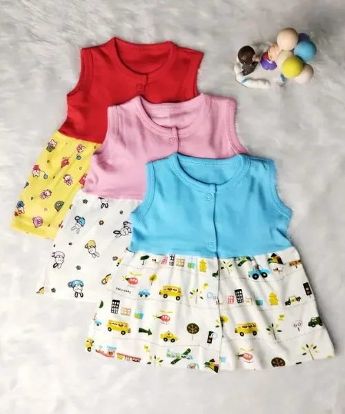 Sleeveless Colourful Baby Frocks – 3-in-1 Combo Pack (100% Pure Cotton)