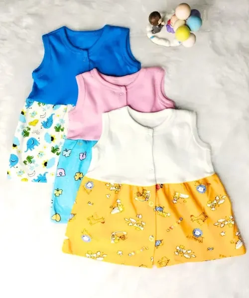 Colorful Sleeveless Baby Frocks – 3-in-1 Pure Cotton Combo (3-6 Months)